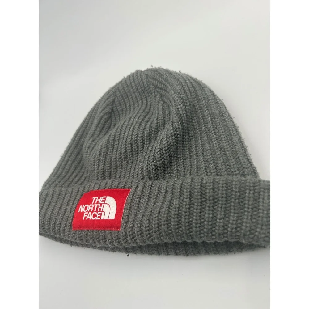 The North Face Salty Dog Beanie Grey Knit Red Box Logo Cuffed Winter Hat OS